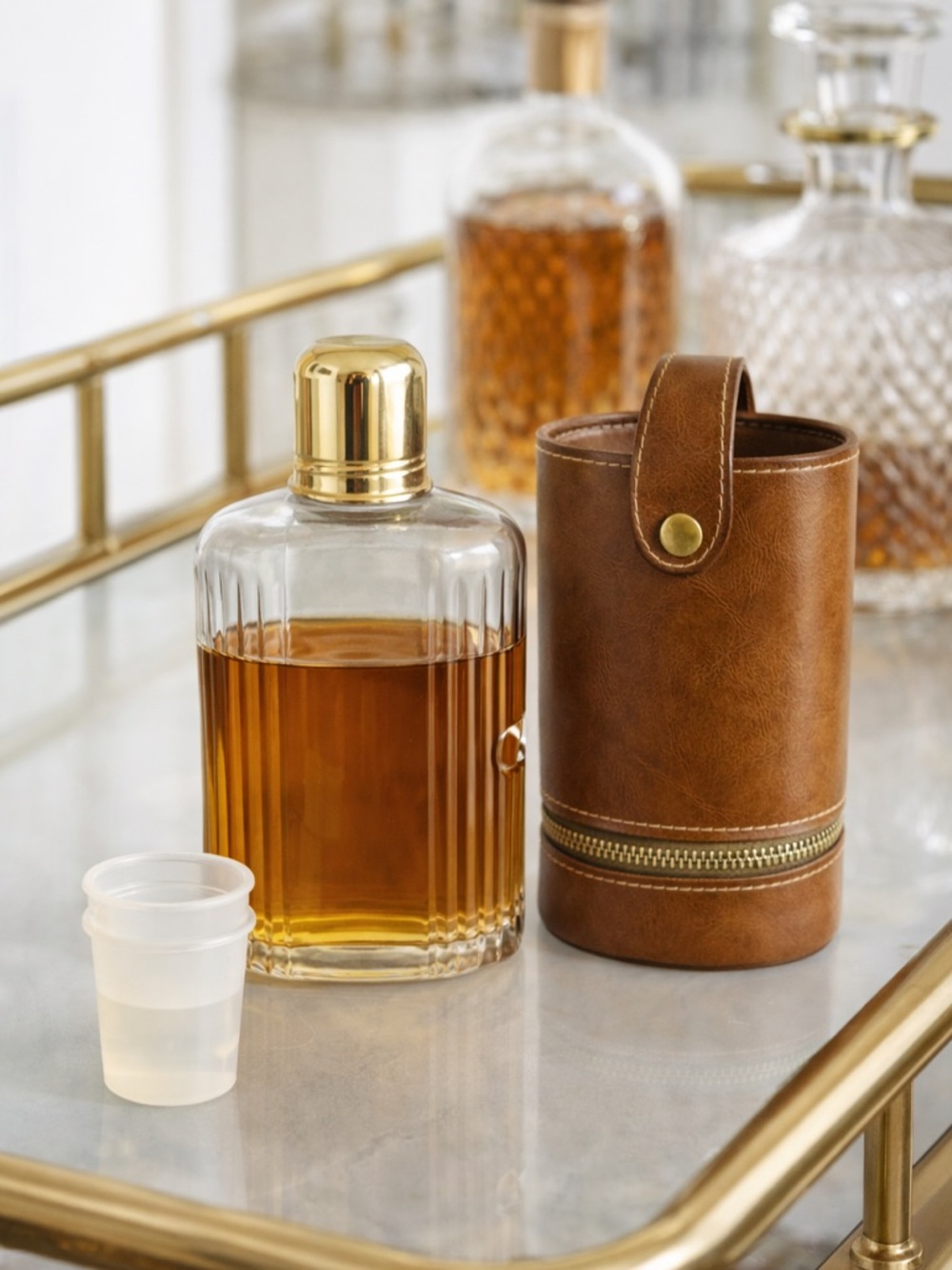 Vintage Glass Liquor Flask Travel Case Mid Century Barware